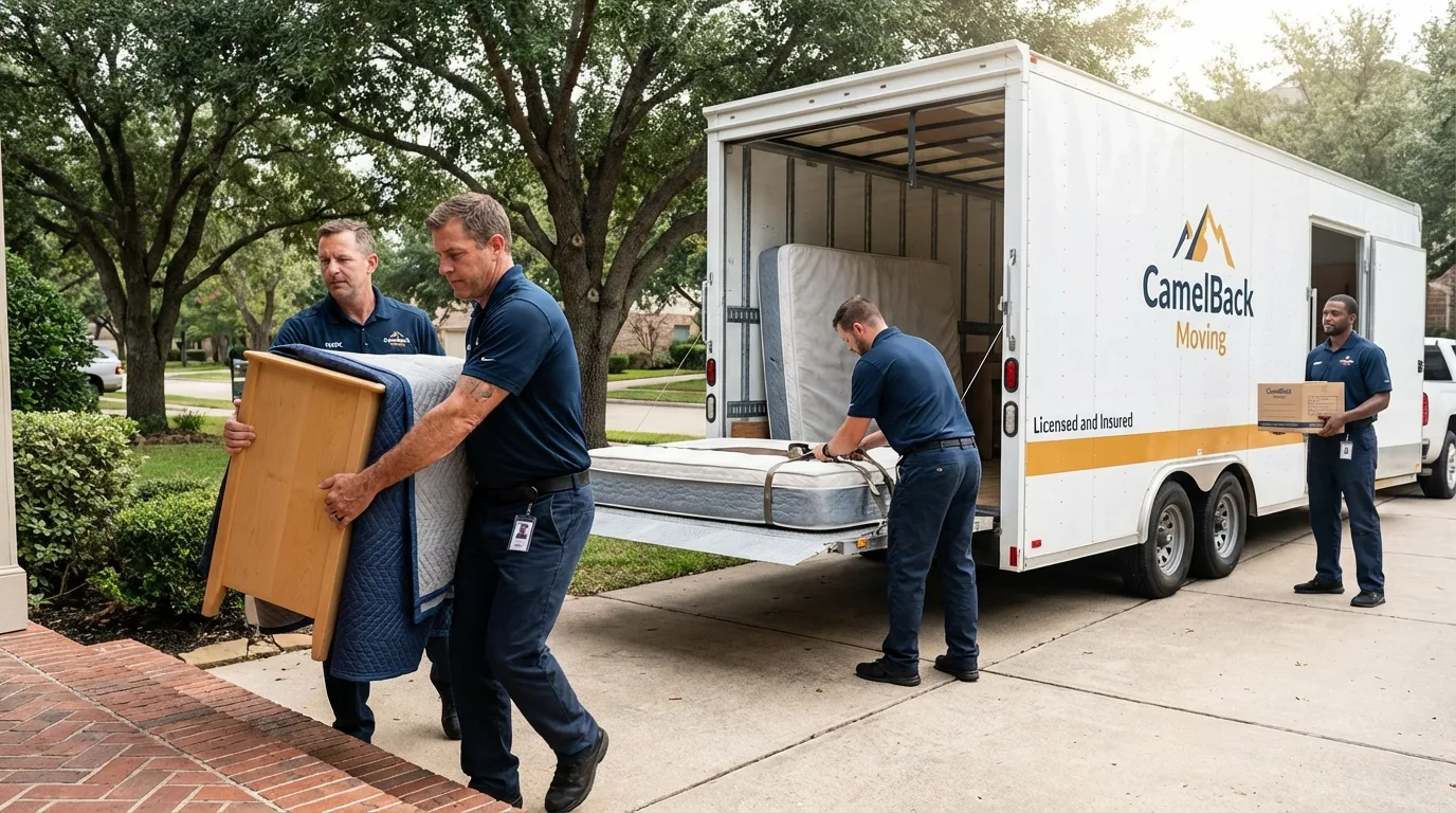 Crew loading residential truck for cross-state move from Olivehurst, CA