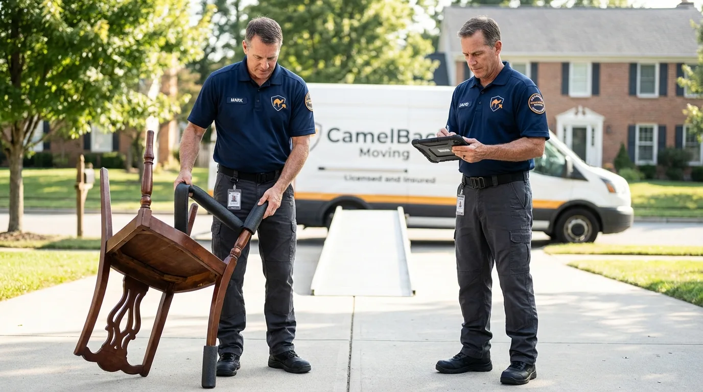 Movers inspecting furniture for damage prevention before loading in Olivehurst, CA