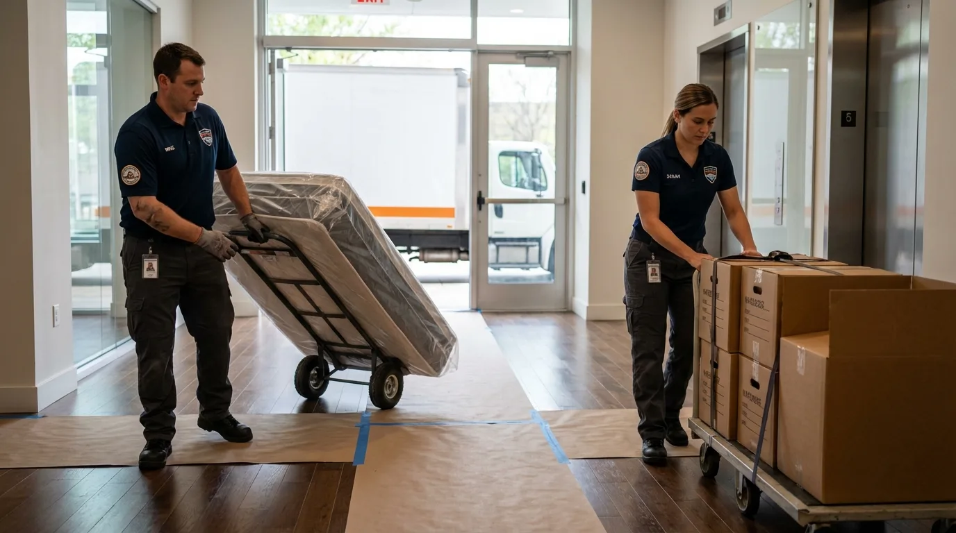 Professional apartment movers loading elevator in Olivehurst, CA